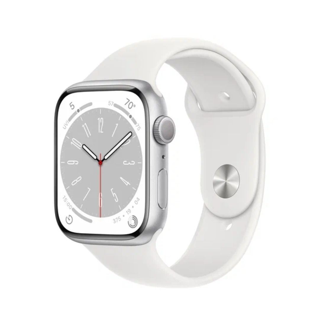 Apple Watch Series 8, 41 мм, корпус из алюминия серебристого цвета, спортивный ремешок белого цвета